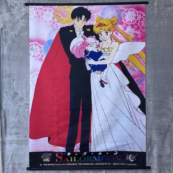 Sailor Moon Wall Scroll - Tuxedo Mask Serenity and Chibi-Usa Vintage 1998 DiC - Picture 1 of 16